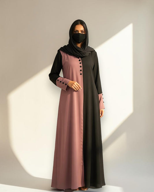 Color-Blocked V-Neck Praada Abaya with Fabric Buttons & Side Pockets