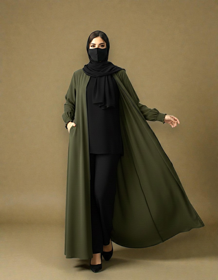 Front Open Abaya with Zipper Opening, Umbrella Flare and Matching Belt