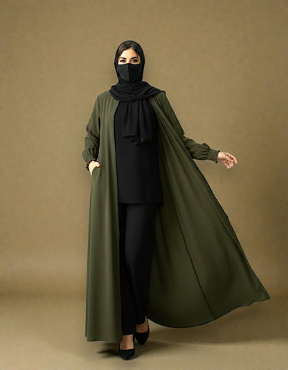 Front Open Abaya with Zipper Opening, Umbrella Flare and Matching Belt