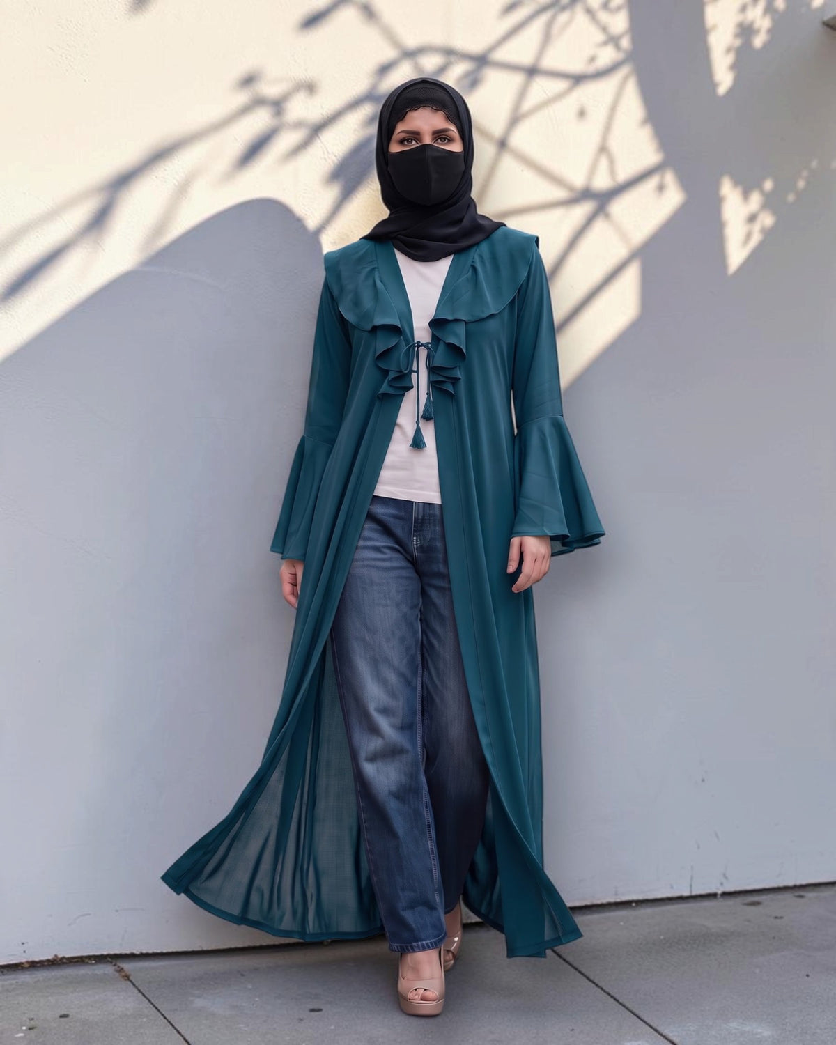 Designer Long Abaya Shrug with Cascading Yoke Detail