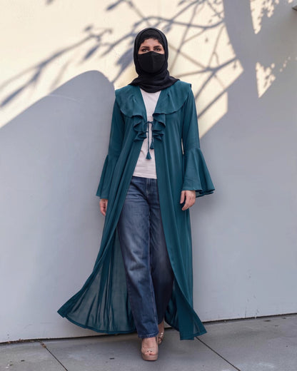 Designer Long Abaya Shrug with Cascading Yoke Detail