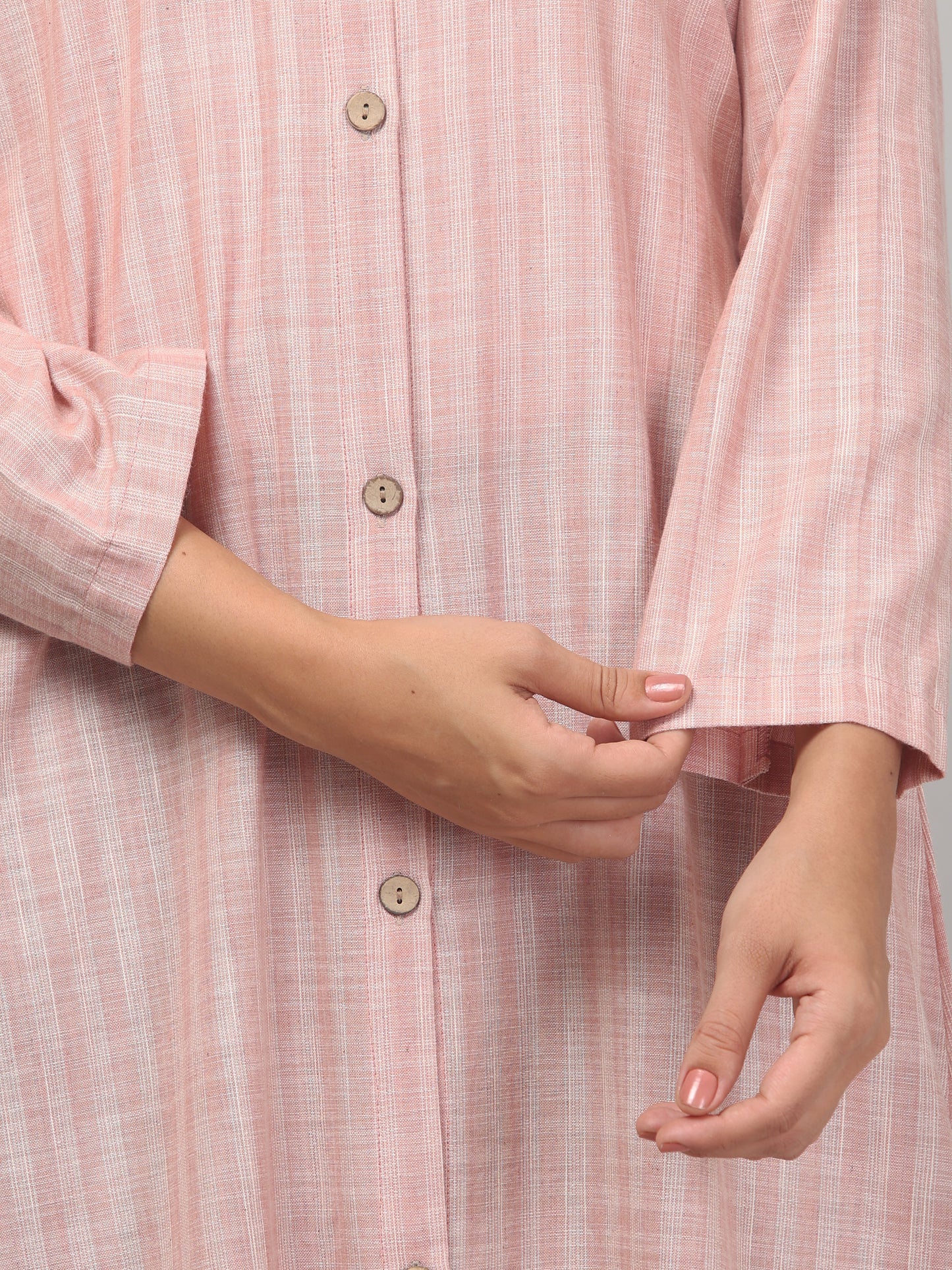 Blush Pink Striped Cotton Front-Open Abaya Shirt with Mandarin Collar