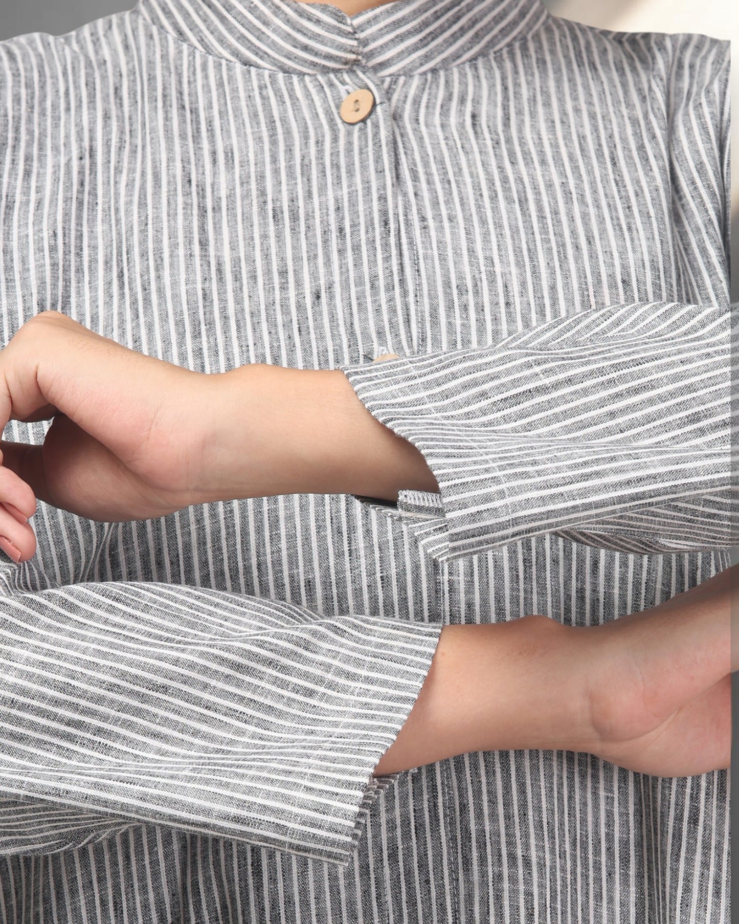 Grey Striped Cotton Front-Open Abaya Shirt with Mandarin Collar