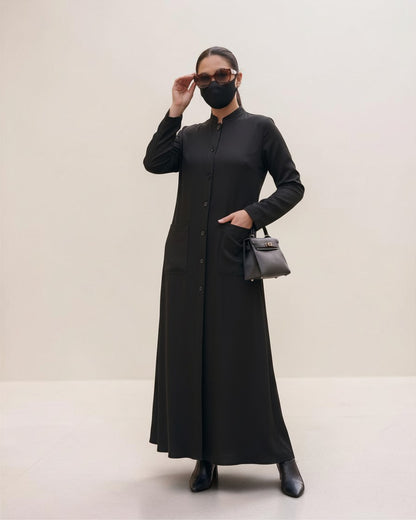 Latest Coat Abaya with Soft Shoulder Pads and Mandarin Collar| Black