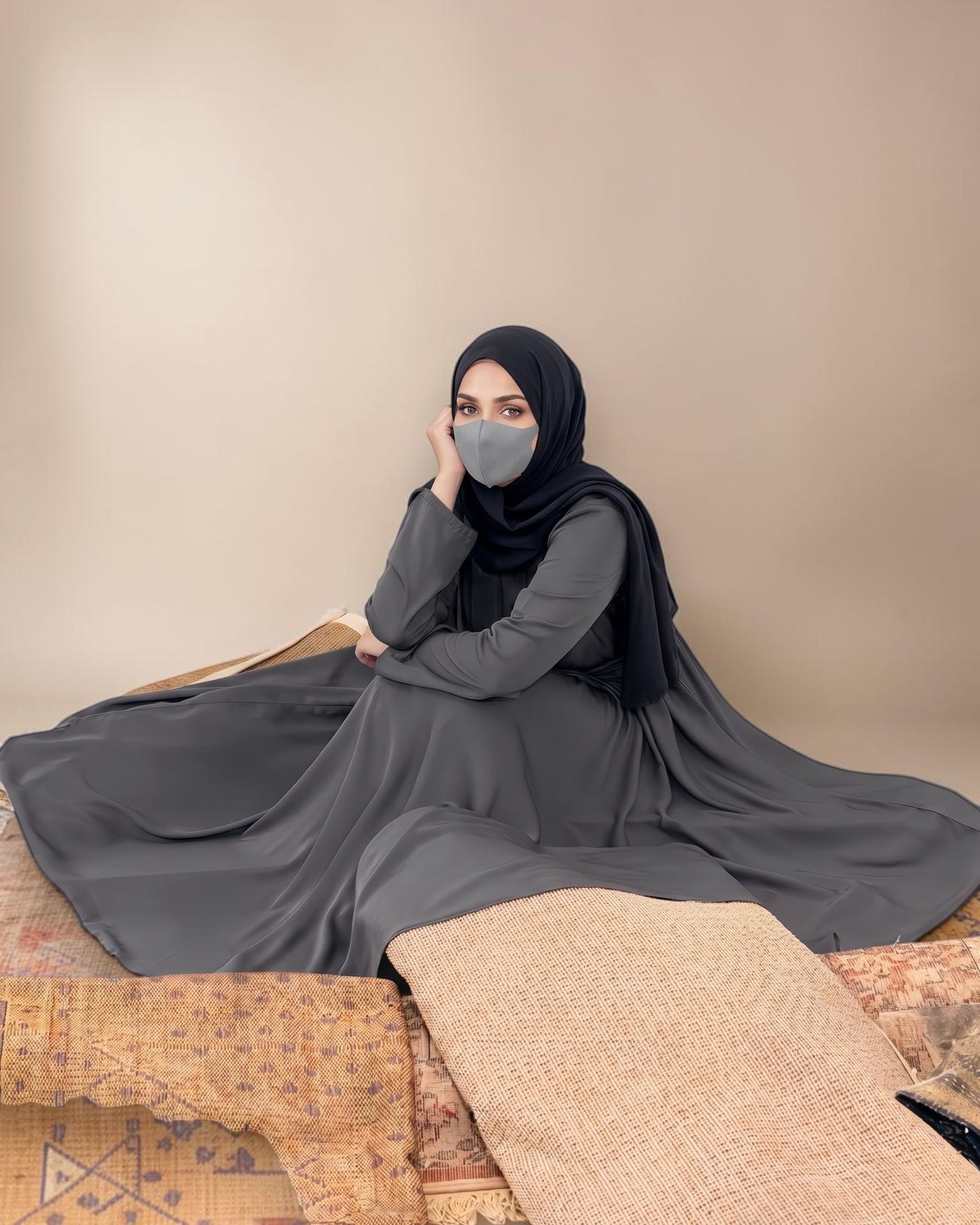 Stylish Umbrella Flare Mahram-Abaya with a Belt and Hijab in Firdaus Fabric