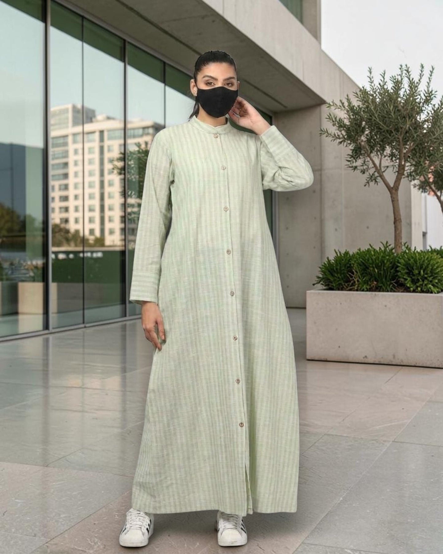 Mint Green Striped Cotton Front-Open Abaya Shirt with Mandarin Collar