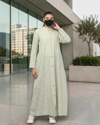 Mint Green Striped Cotton Front-Open Abaya Shirt with Mandarin Collar