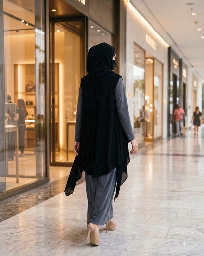 3-Piece Layered Abaya Set with Asymmetrical 'Free Size Shrug' & Hijab