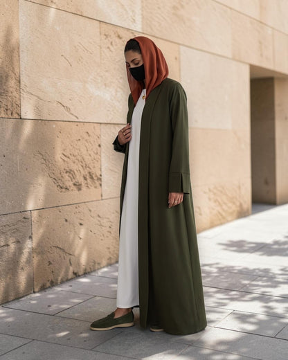 Open Abaya Shrug with Hijab & Optional Inner | open-abaya-shrug| Dark Olive