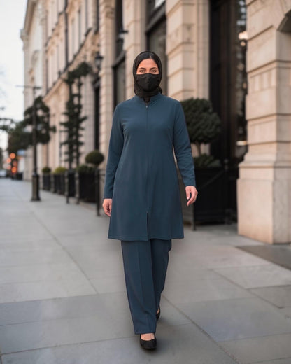 Dark Teal 2-Piece Modest Co-Ord Set with Zipper Top & Elasticated Trousers | Optional Hijab