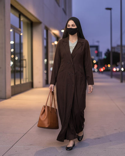 Double-Breasted Coat Abaya for Work with Free Hijab | Optional Inner | Brown