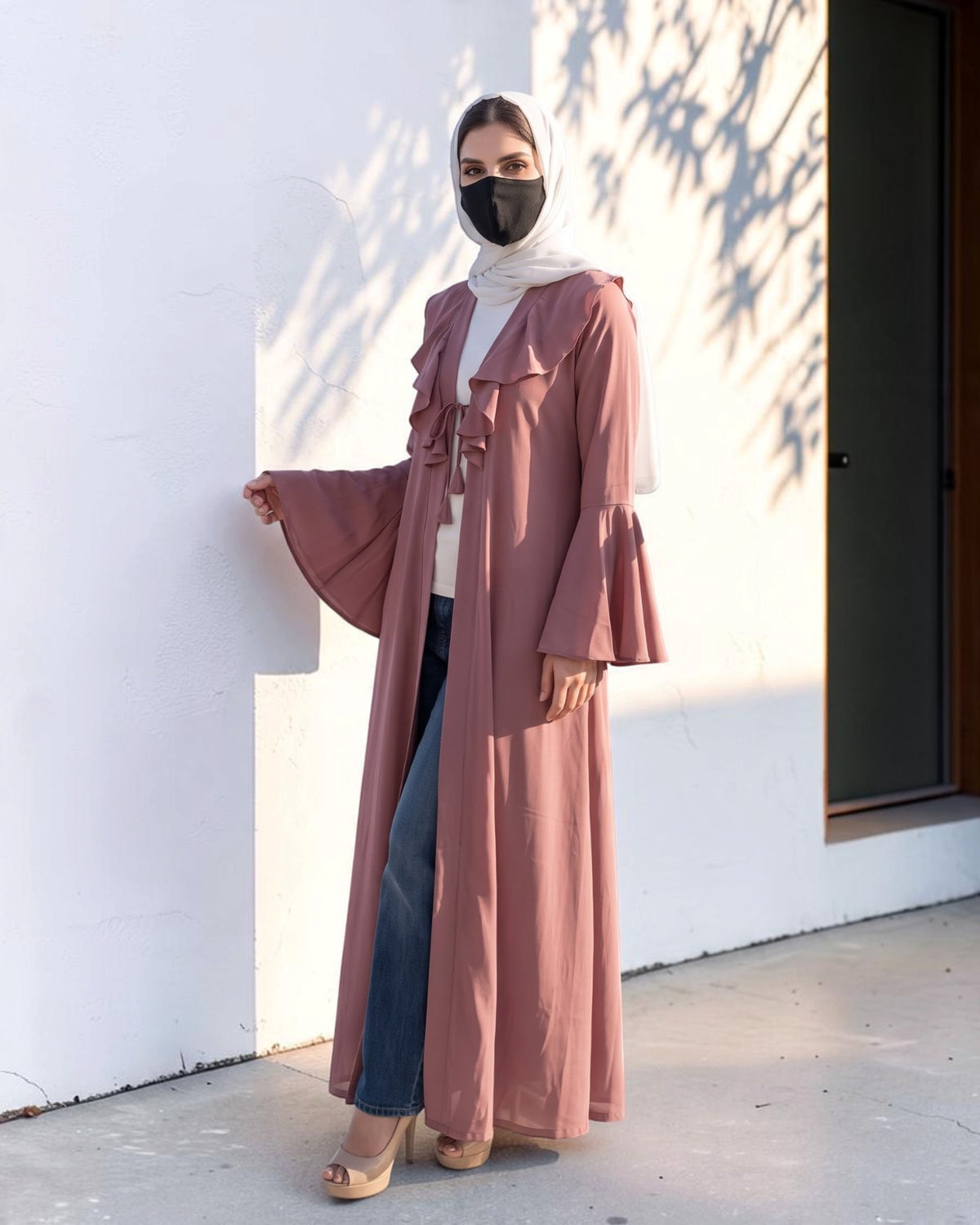 Ruffle Yoke Cardigan Abaya with Statement Bell Sleeves