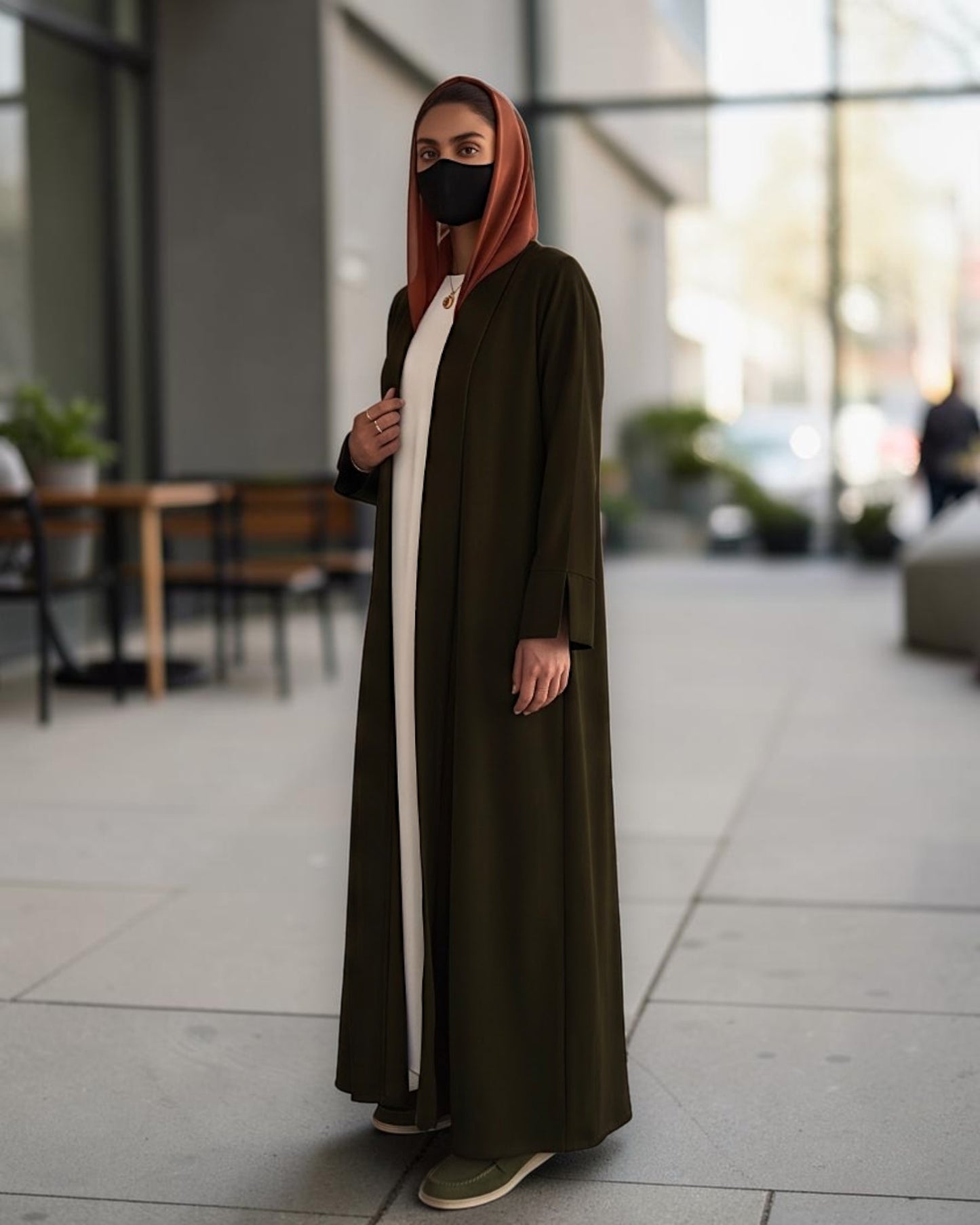 Open Abaya Shrug with Hijab & Optional Inner | Dark Olive