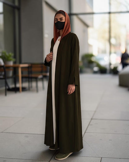 Open Abaya Shrug with Hijab & Optional Inner | Dark Olive