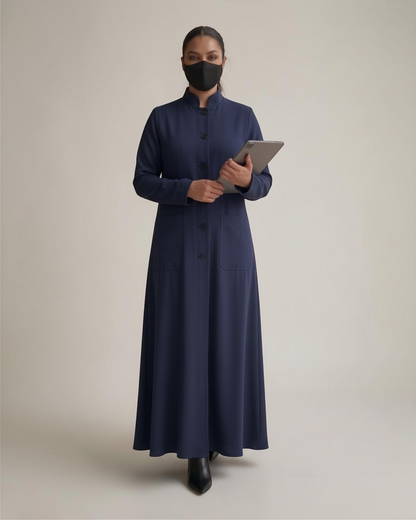 Latest Coat Abaya with Soft Shoulder Pads and Mandarin Collar| Navy Blue