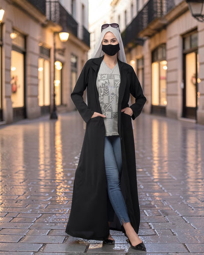 Double-Breasted Coat Abaya for Work with Free Hijab | Optional Inner | BLACK