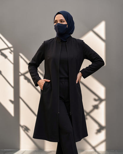 Black 2-Piece Modest Co-Ord Set with Zipper Top & Elasticated Trousers | Optional Hijab