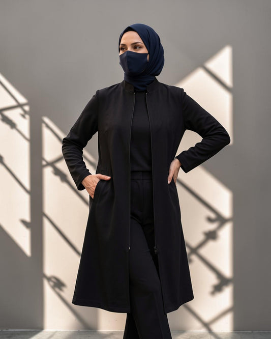 Black 2-Piece Modest Co-Ord Set with Zipper Top & Elasticated Trousers | Optional Hijab