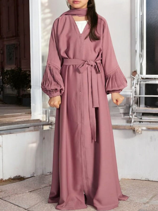 Three-Piece Abaya Set with Cardigan, Hijab, and Belt