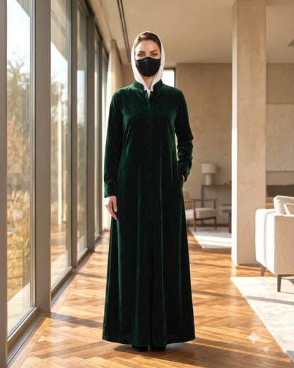 Regal Button-Front Velvet Abaya with Side Pockets