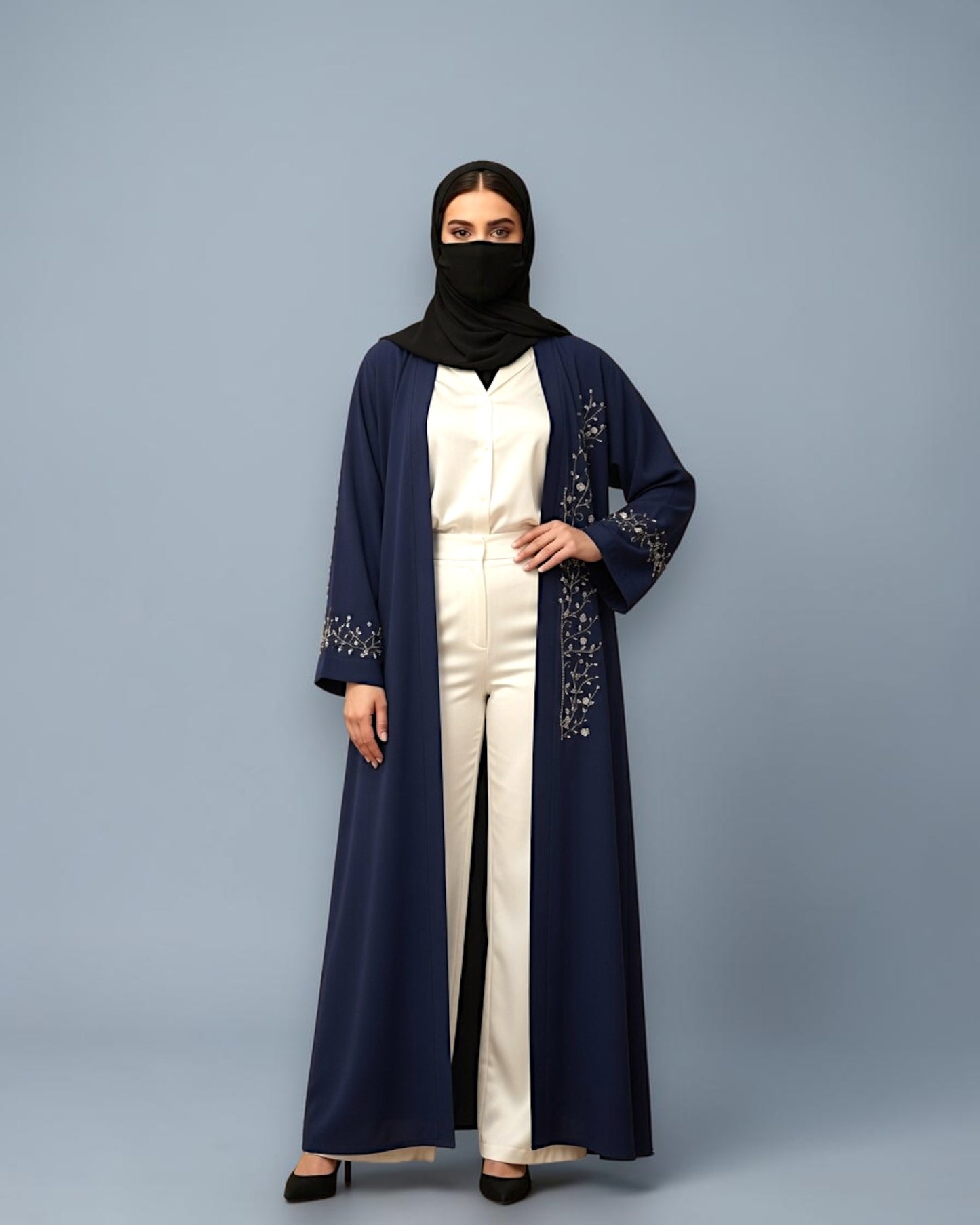 Navy Blue Praada Front-Open Embroidered Abaya with Asymmetrical Handwork
