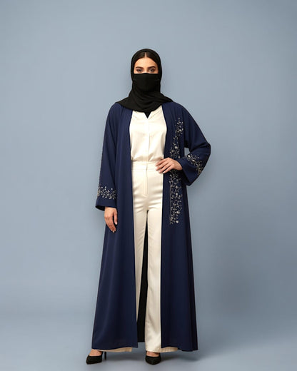 Navy Blue Praada Front-Open Embroidered Abaya with Asymmetrical Handwork