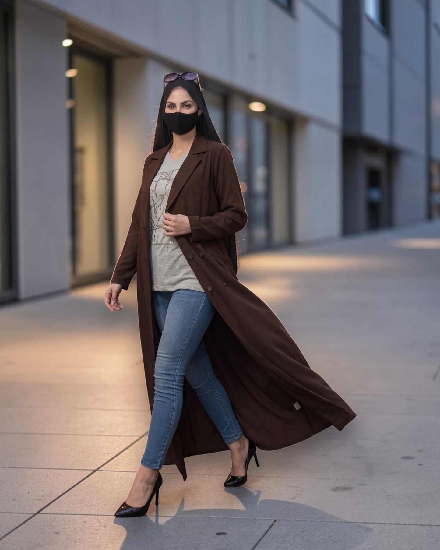 Double-Breasted Coat Abaya for Work with Free Hijab | Optional Inner | Brown