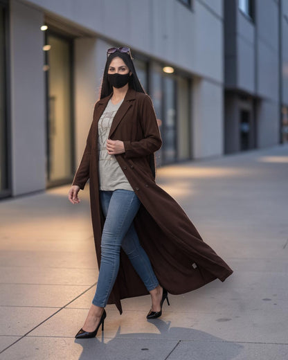 Double-Breasted Coat Abaya for Work with Free Hijab | Optional Inner | Brown
