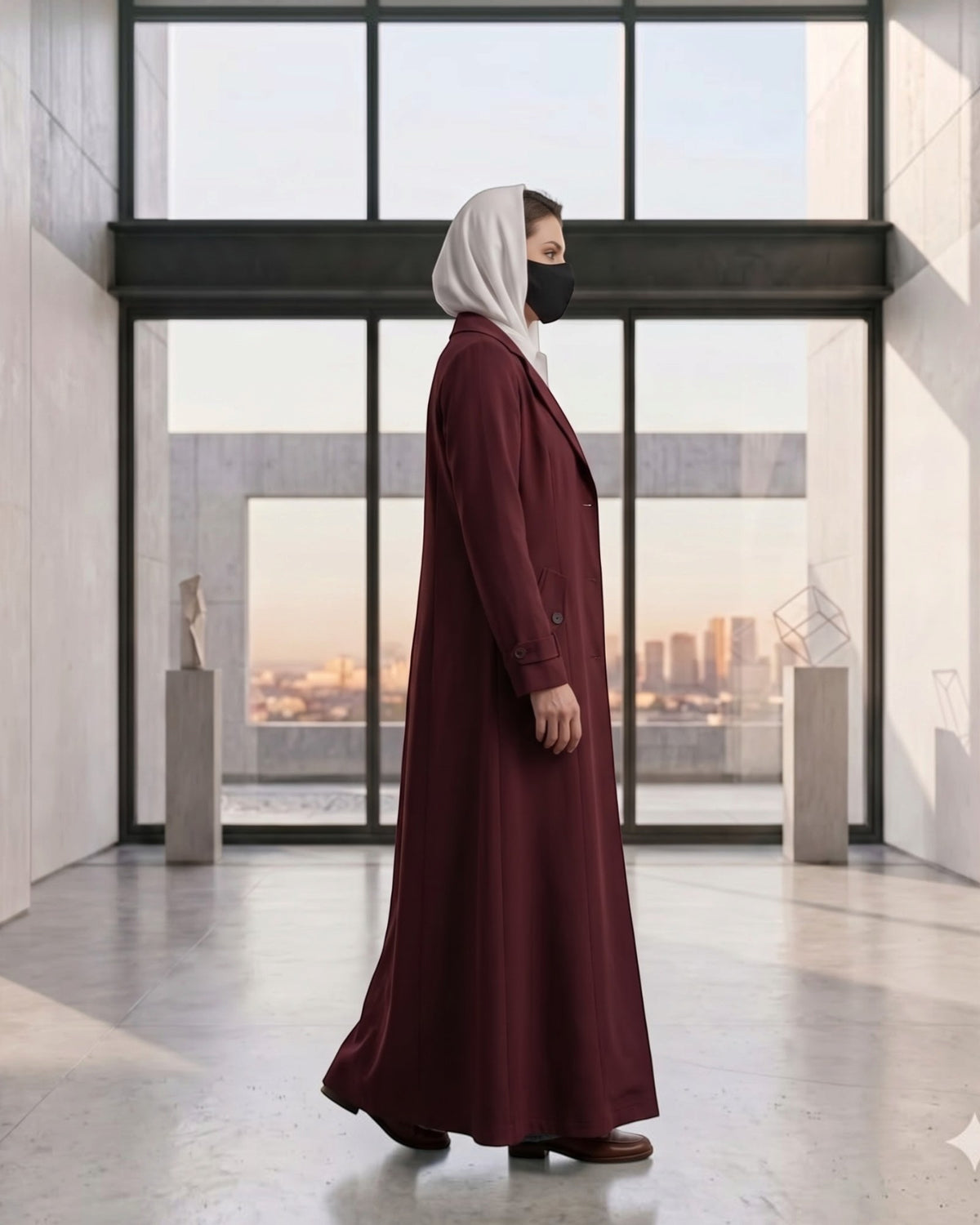 Executive Abaya Coat with Structured Shoulders (Maroon)