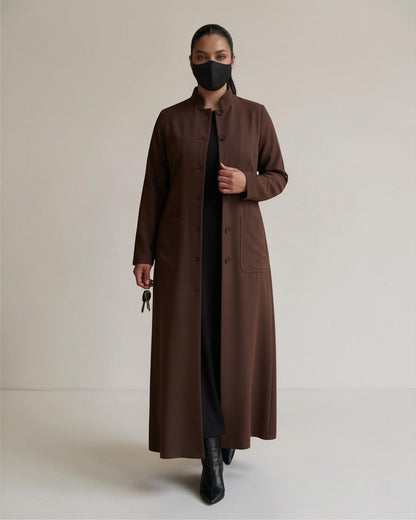 Latest Coat Abaya with Soft Shoulder Pads and Mandarin Collar| Brown