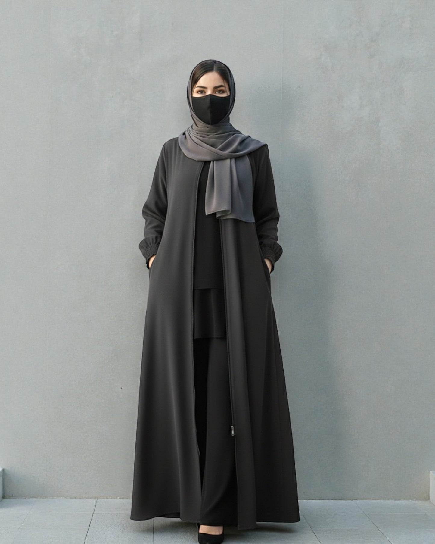 Front Open Abaya with Zipper Opening, Umbrella Flare and Matching Belt