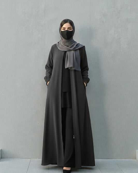 Front Open Abaya with Zipper Opening, Umbrella Flare and Matching Belt