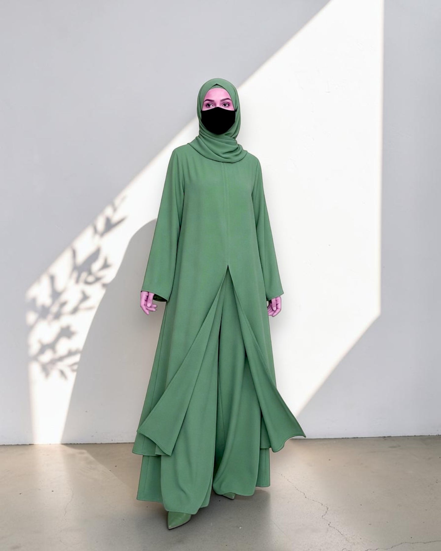 Three Pieces Abaya-like Co-ord Set with Long Tunic and Elasticated Bottom