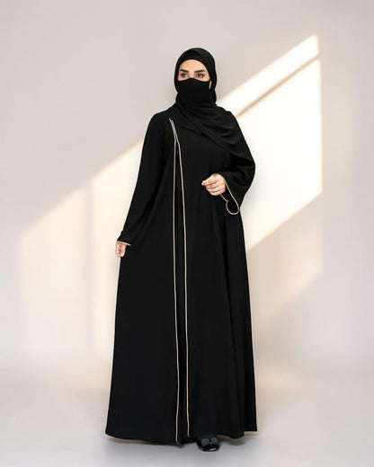 Designer Black Closed Abaya with Contrast Piping and Extra Flare