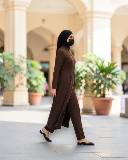 Modest Workwear Long Top with Hijab | Optional Pant | Brown
