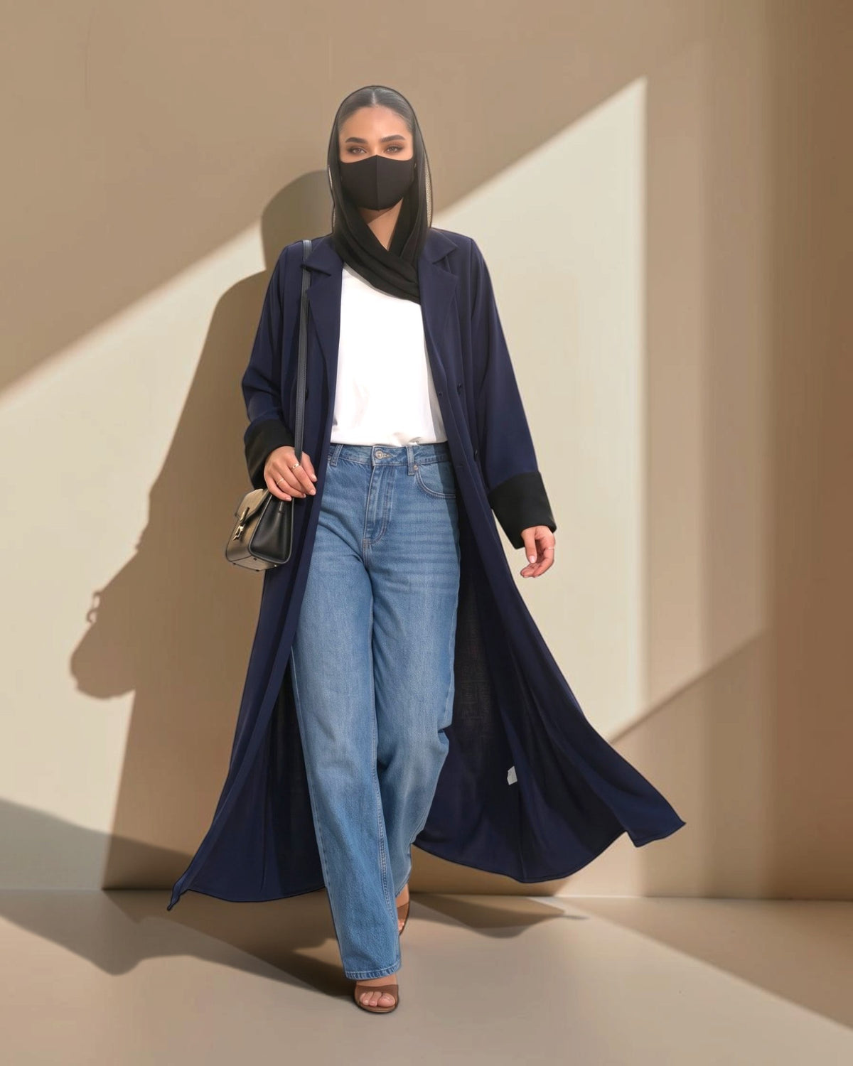 Navy Blue Double-Breasted Coat Style Abaya with Contrast Collar