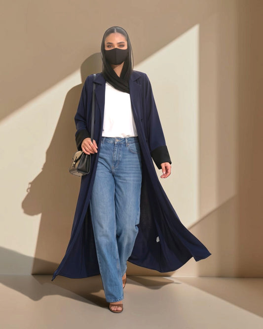 Navy Blue Double-Breasted Coat Style Abaya with Contrast Collar