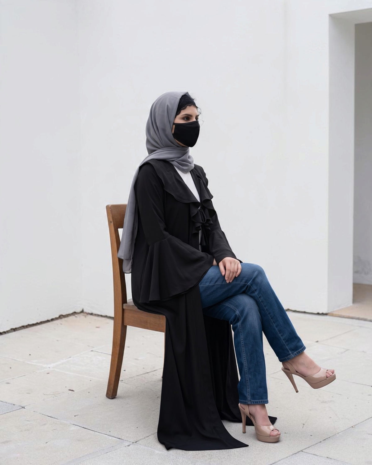 Designer Abaya Fit Shrug with Ruffle Yoke & Bell Sleeves