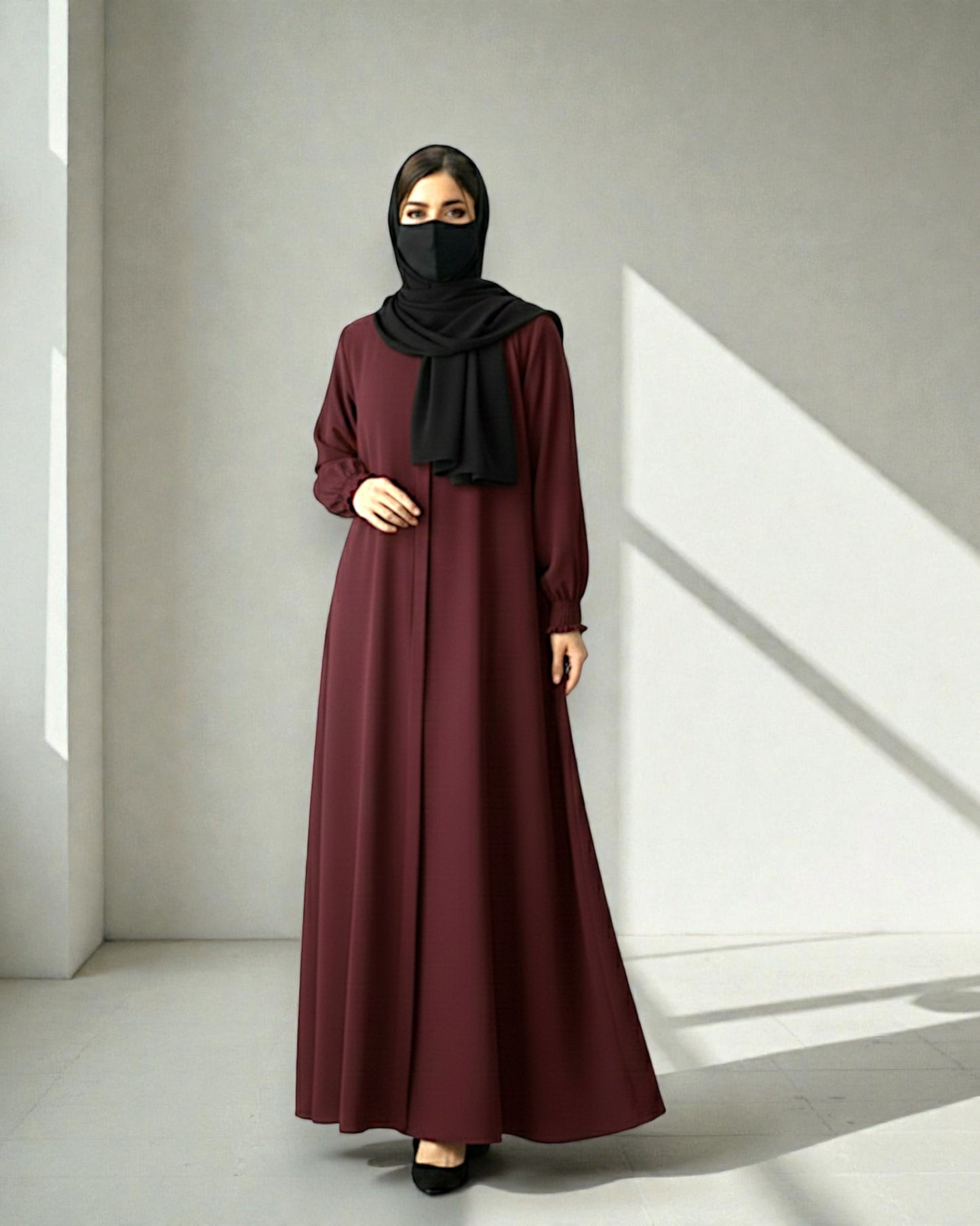 Front Open Abaya with Zipper Opening, Umbrella Flare and Matching Belt -Maroon