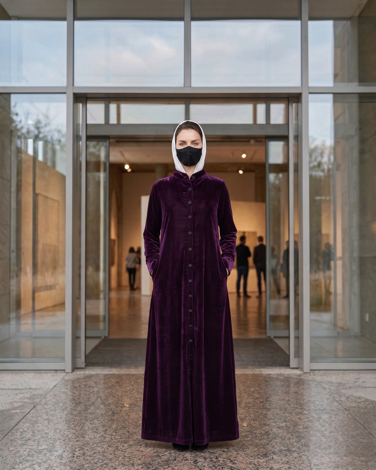 Classic Front Open Velvet Abaya with Covered Buttons