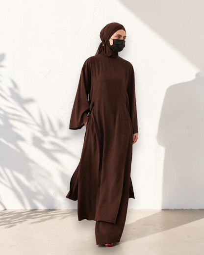 Brown Abaya-like Co-ord Set with Long Tunic and Elasticated Bottom
