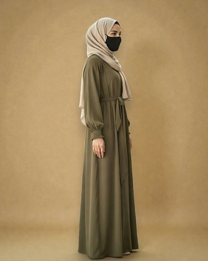Front Open Abaya with Zipper Opening, Umbrella Flare and Matching Belt