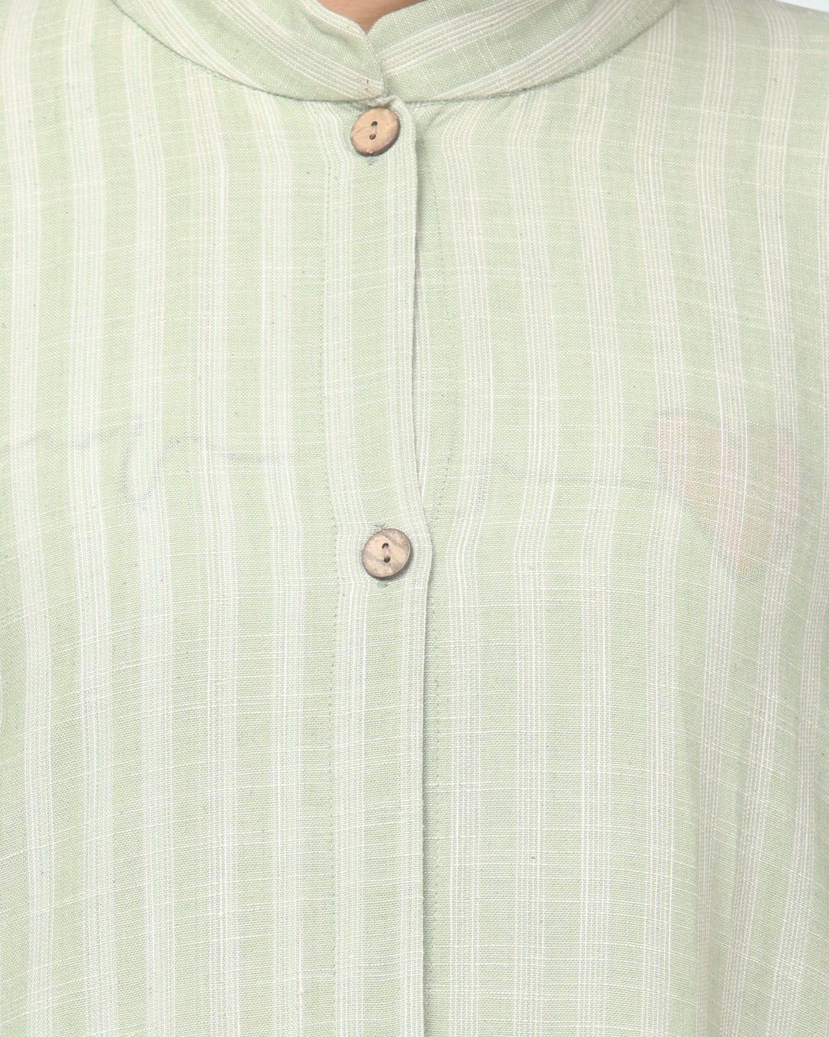 Mint Green Striped Cotton Front-Open Abaya Shirt with Mandarin Collar