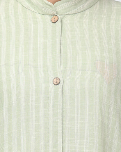 Mint Green Striped Cotton Front-Open Abaya Shirt with Mandarin Collar