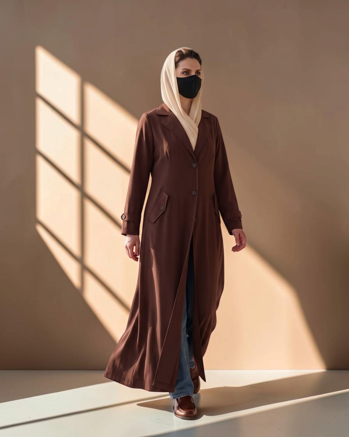 Executive Abaya Coat with Structured Shoulders (Brown)