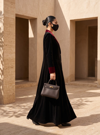 Velvet Coat Abaya with Contrast Lapels