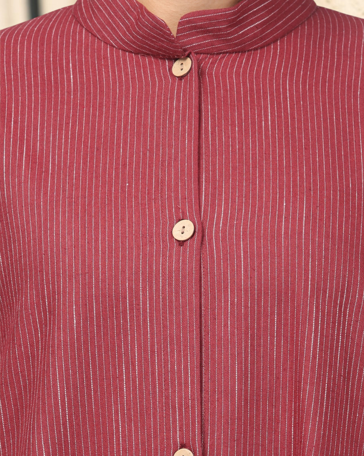 Rust Red Striped Cotton Front-Open Abaya Shirt with Mandarin Collar