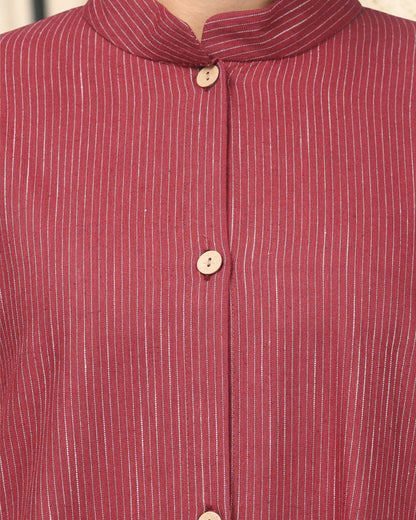 Rust Red Striped Cotton Front-Open Abaya Shirt with Mandarin Collar