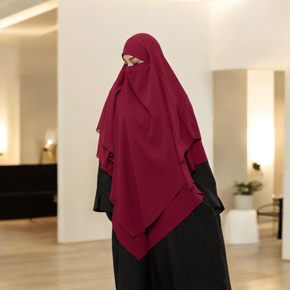 Bashariya Maroon Color Two-Layer Triangle Prayer Khimar Hijab with Attached Mouthpiece | Ready-to-Wear with Tie-Back Design in Soft Georgette Fabric