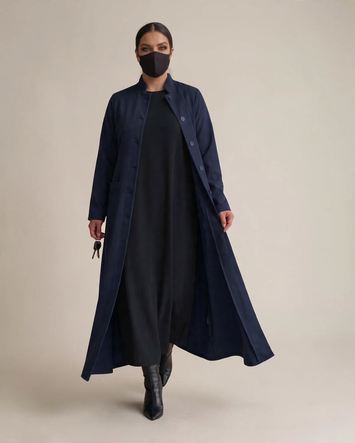 Latest Coat Abaya with Soft Shoulder Pads and Mandarin Collar| Navy Blue
